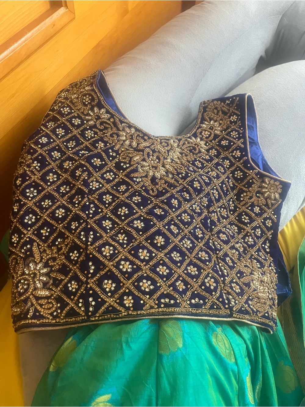 Girls Navy and Green Embroidered Formal Dress - Brand Unspecified